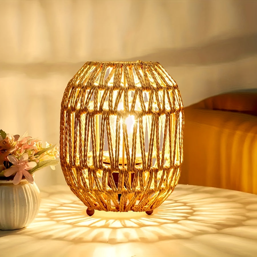 Handwoven Rattan Table Lamp with USB Power