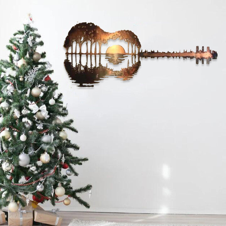 Guitar Metal Wall Art with Sunset Lake Scene