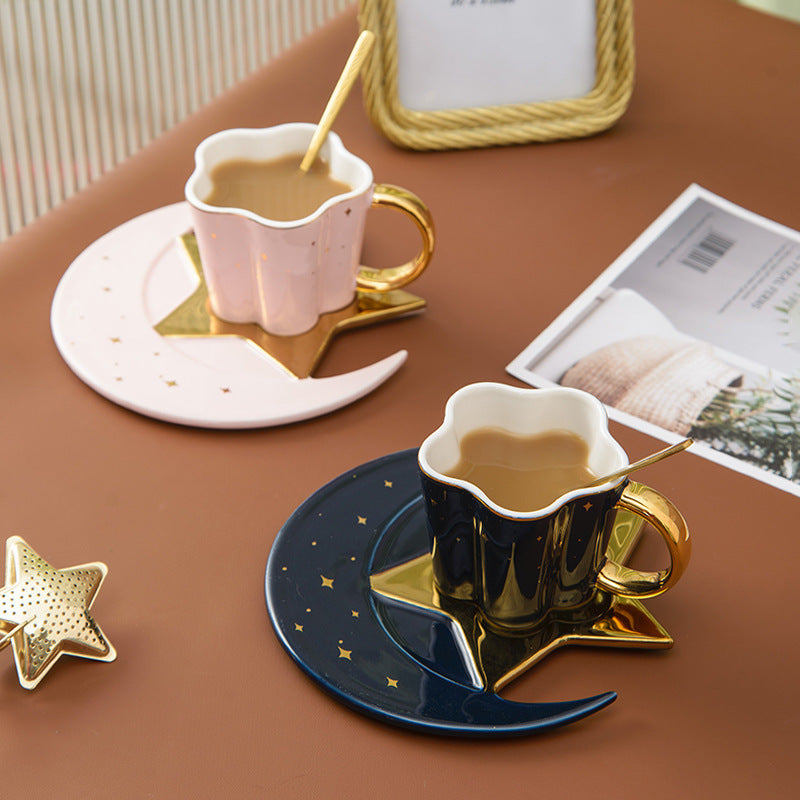 Ceramic Coffee Cup & Saucer with Star Moon Design