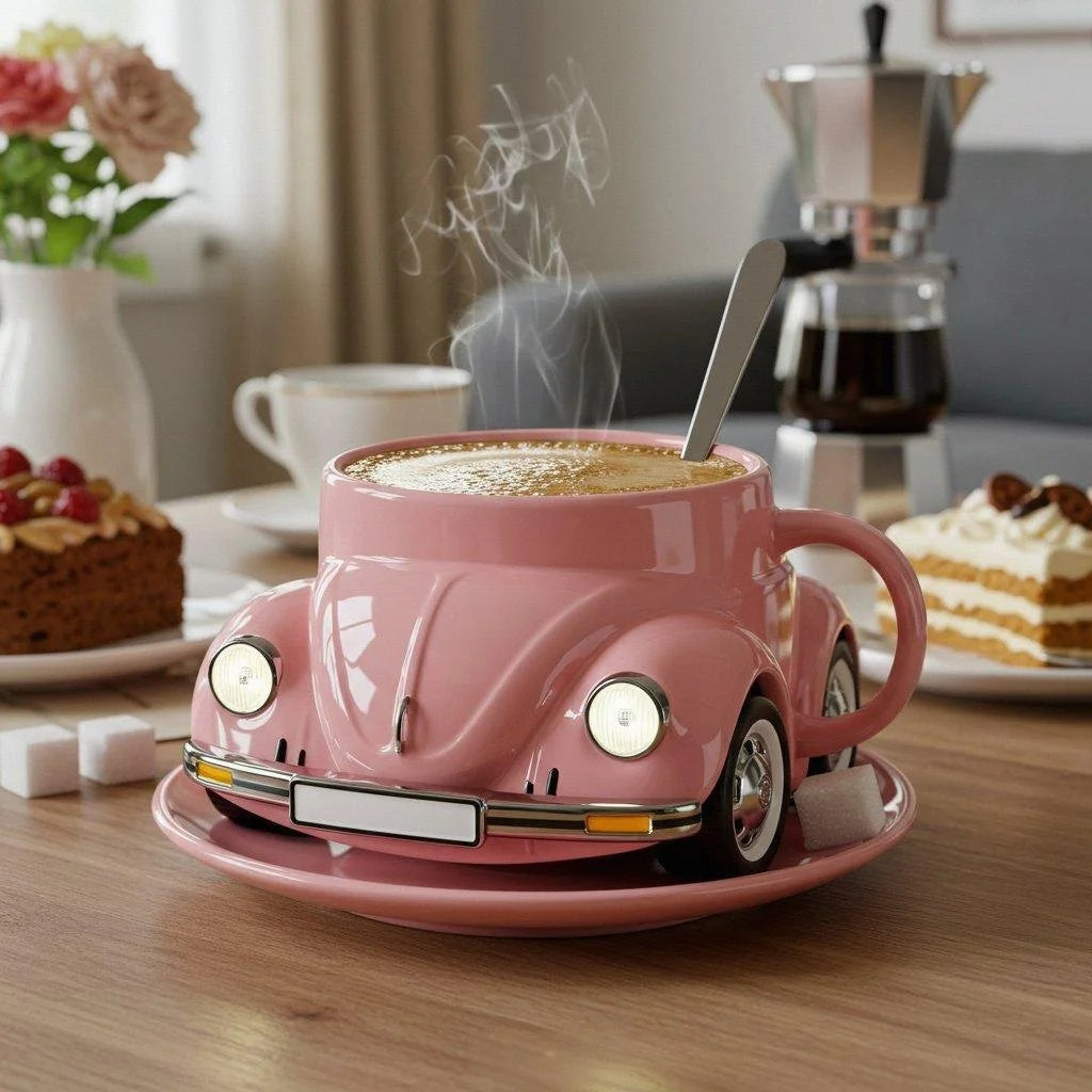 Vintage Car Ceramic Mug – 3D Auto Design Coffee Cup Pink