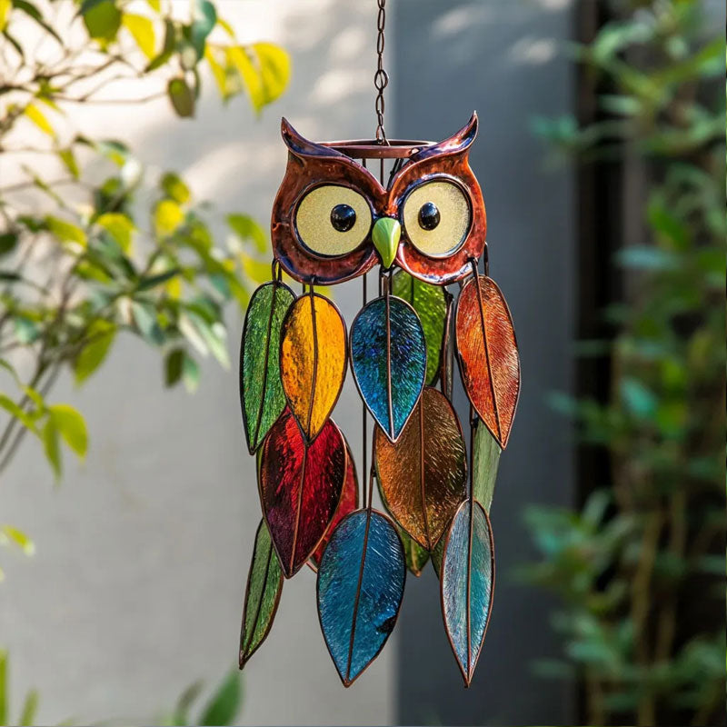 Decorative Owl Hanging Decoration with Colorful Leaf Pendants Forest Owl