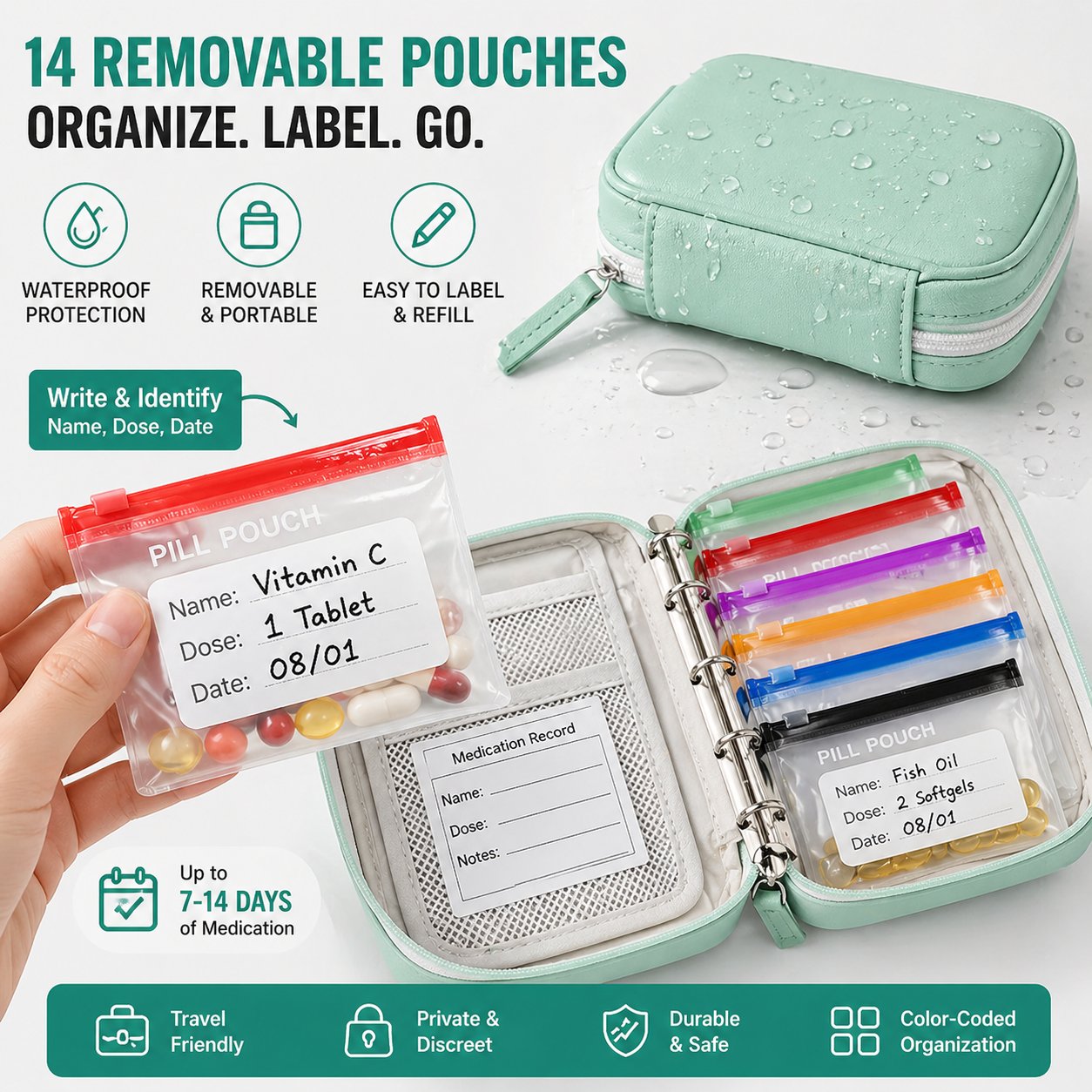 Waterproof Pill Organizer with 14 Removable Pouches