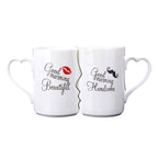 Interlocking Couple Mugs with Heart Handles Without a lid and spoon