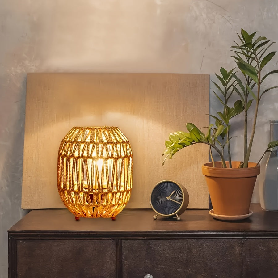 Handwoven Rattan Table Lamp with USB Power