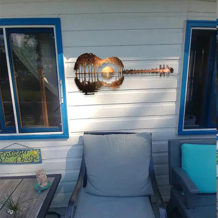 Guitar Metal Wall Art with Sunset Lake Scene