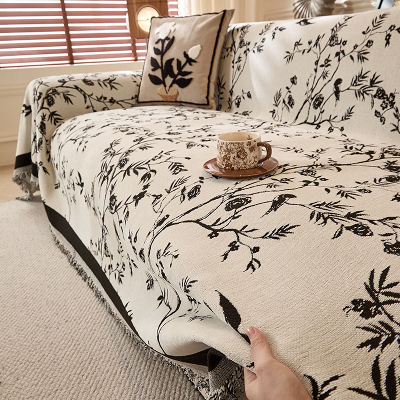 Chenille Sofa Throw with Botanical Print White