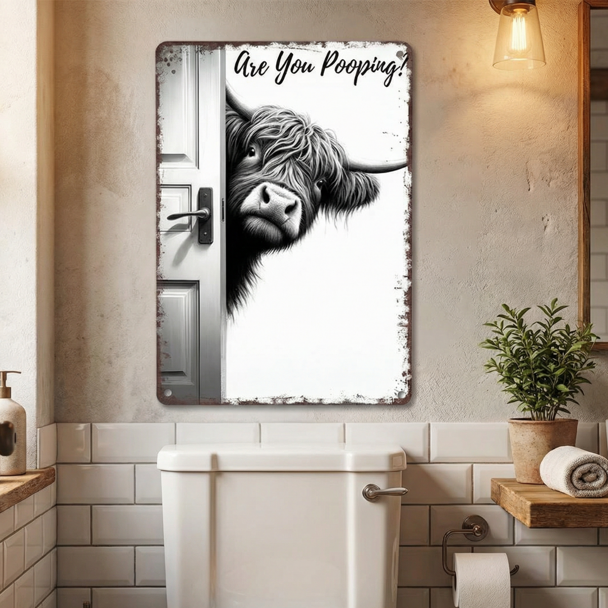 Bathroom Wall Sign with Vintage Metal Finish