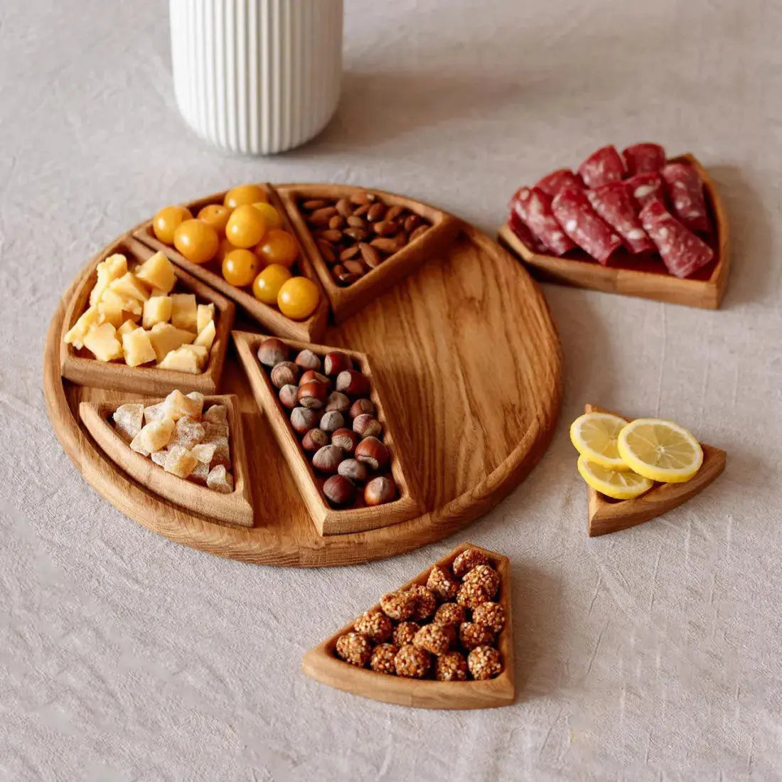 Round Wood Serving Tray with 8 Removable Compartments