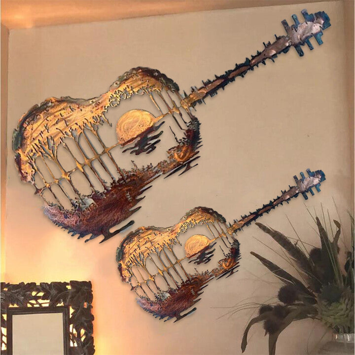 Guitar Metal Wall Art with Sunset Lake Scene