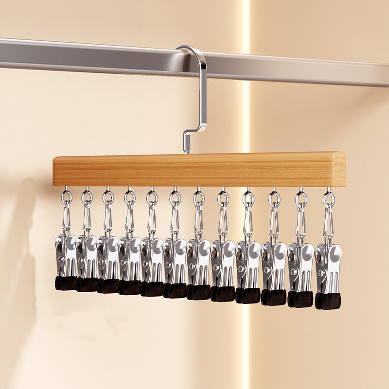 Rotating Multi-Hook Closet Organizer with 360° Swivel Natural wood 12 clips