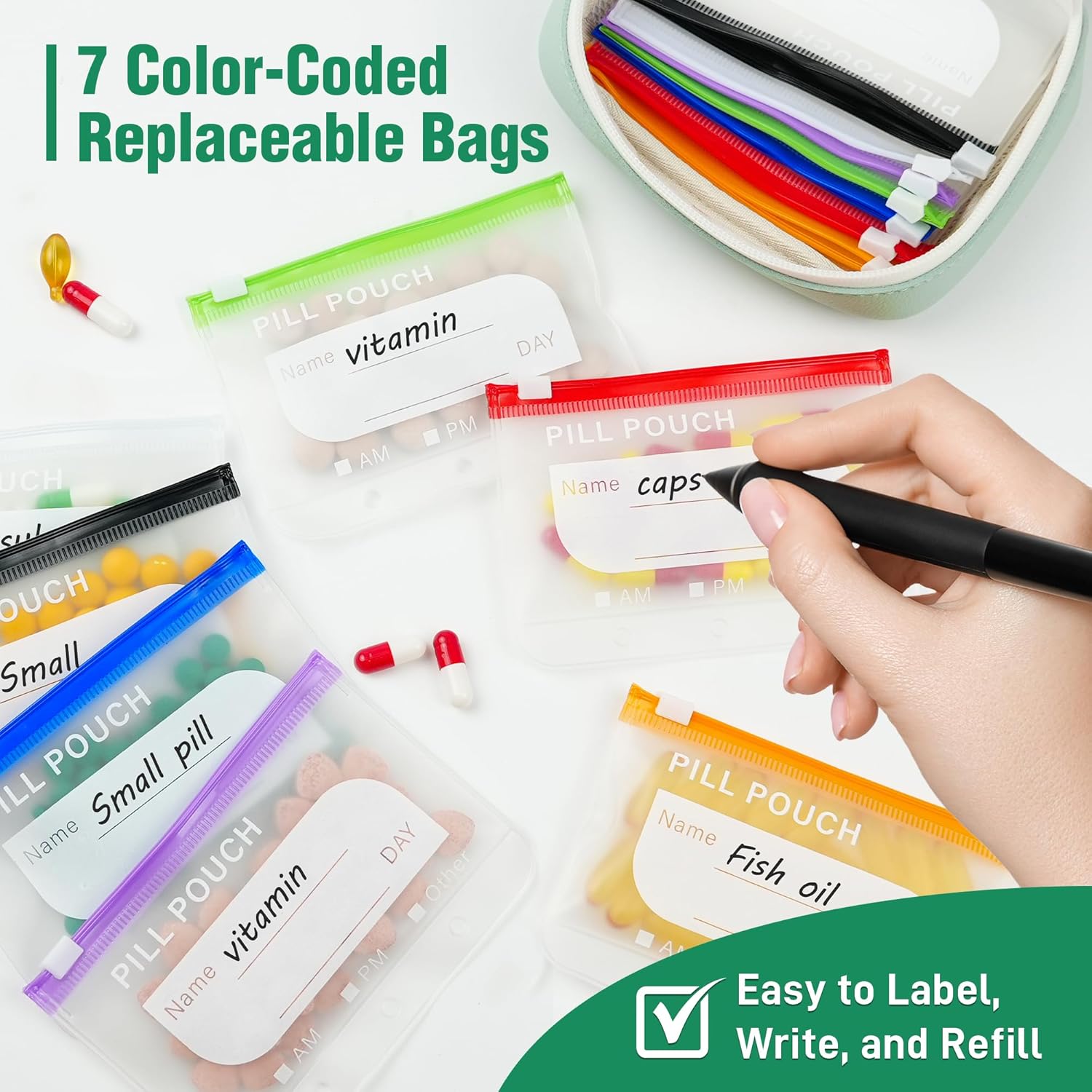 Waterproof Pill Organizer with 14 Removable Pouches