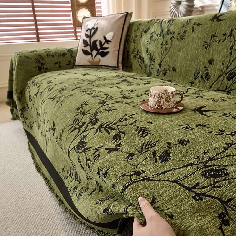 Chenille Sofa Throw with Botanical Print