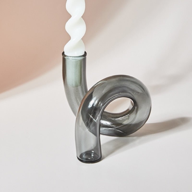 Glass Spiral Candle Holder - Modern Twisted Design Gray Vase