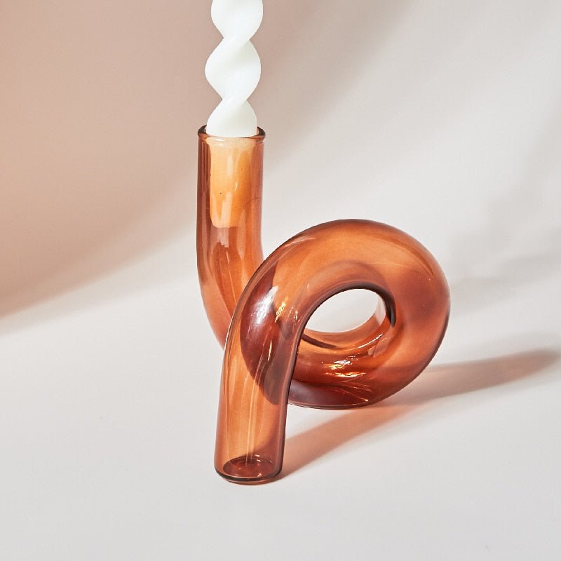 Glass Spiral Candle Holder - Modern Twisted Design Brown Vase