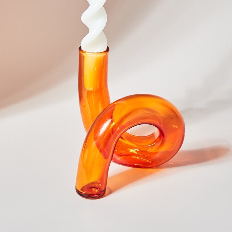 Glass Spiral Candle Holder - Modern Twisted Design Orange Vase