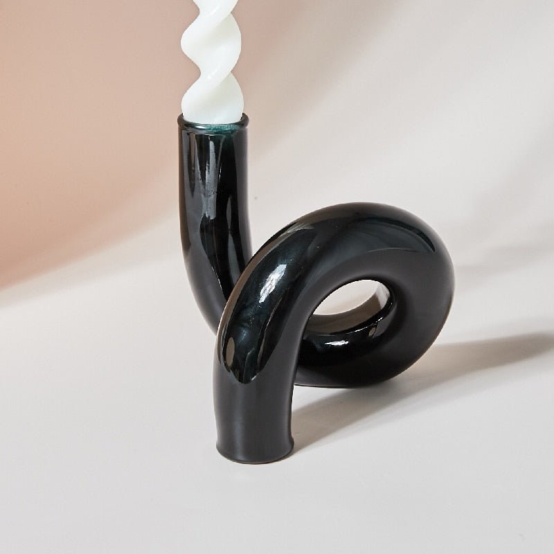 Glass Spiral Candle Holder - Modern Twisted Design Black Vase