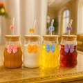 Glass Straw Cup with Bamboo Lid and Decorative Bow