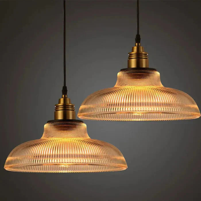 Ribbed Glass Pendant Light with Brass Hardware Amber