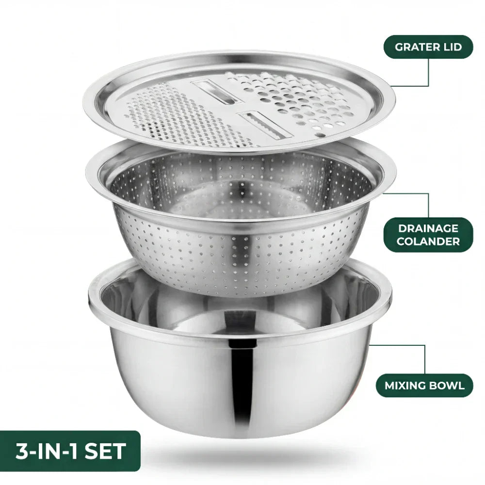 Stainless Steel Bowl with Grater and Strainer – 3 in 1