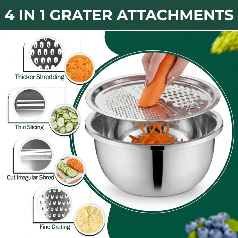 Stainless Steel Bowl with Grater and Strainer – 3 in 1
