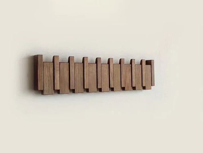 Piano-Style Wooden Wall Hook Rack with Multiple Pegs Walnut Wood