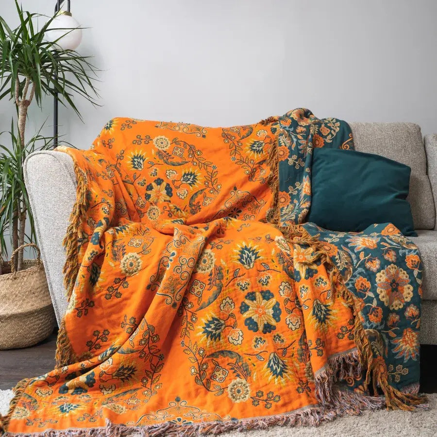 Reversible Cotton Throw Blanket with Botanical Print