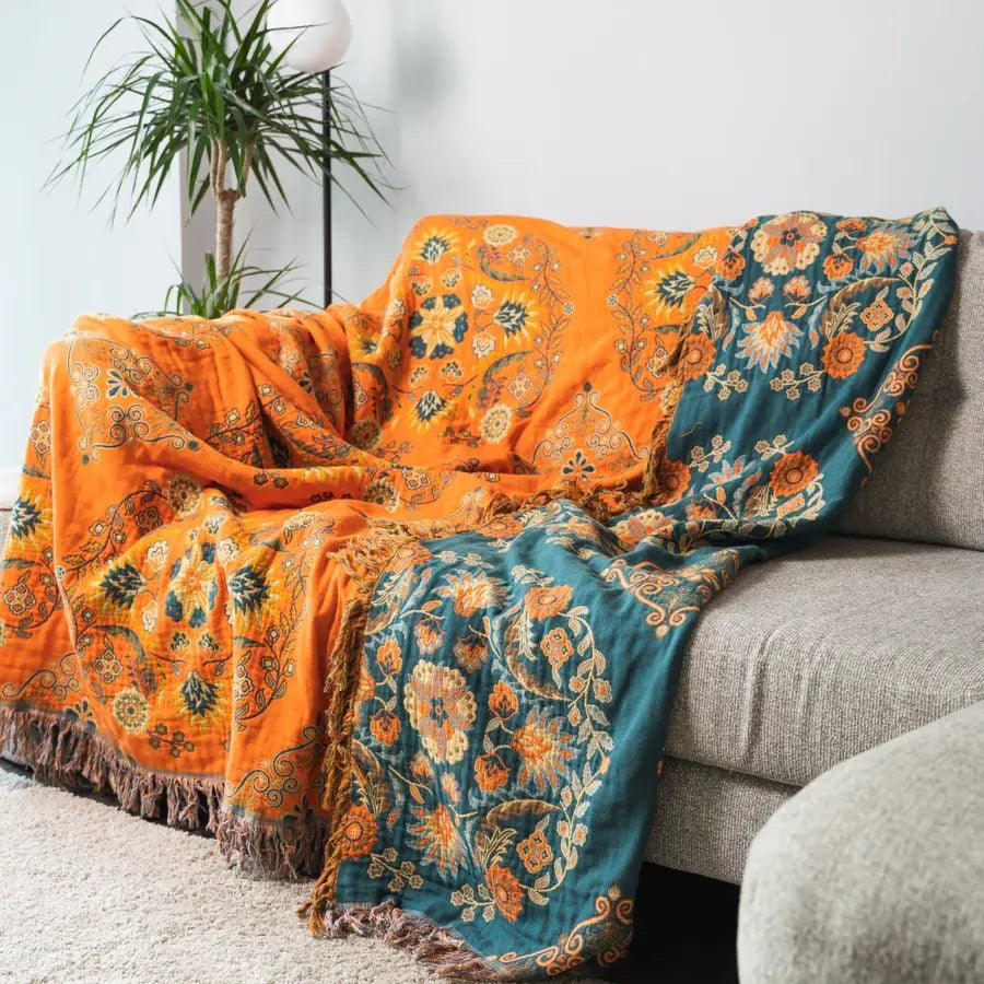 Reversible Cotton Throw Blanket with Botanical Print