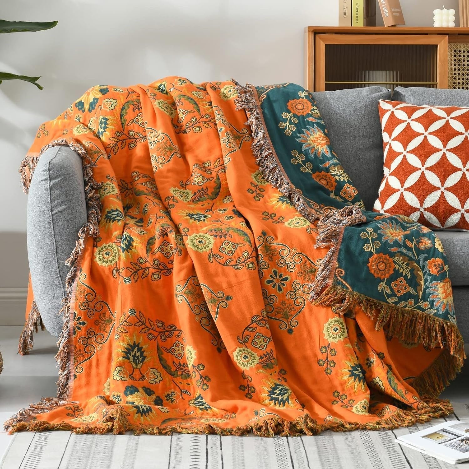 Reversible Cotton Throw Blanket with Botanical Print