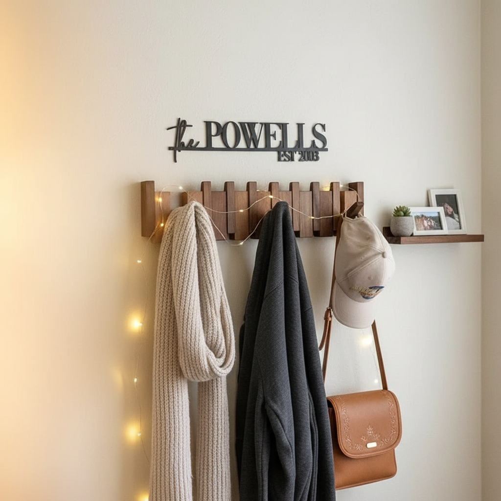 Piano-Style Wooden Wall Hook Rack with Multiple Pegs
