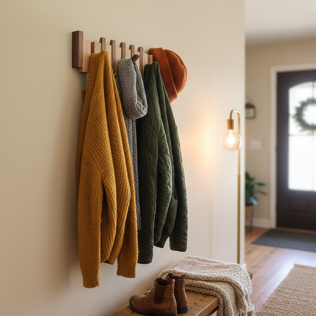 Piano-Style Wooden Wall Hook Rack with Multiple Pegs