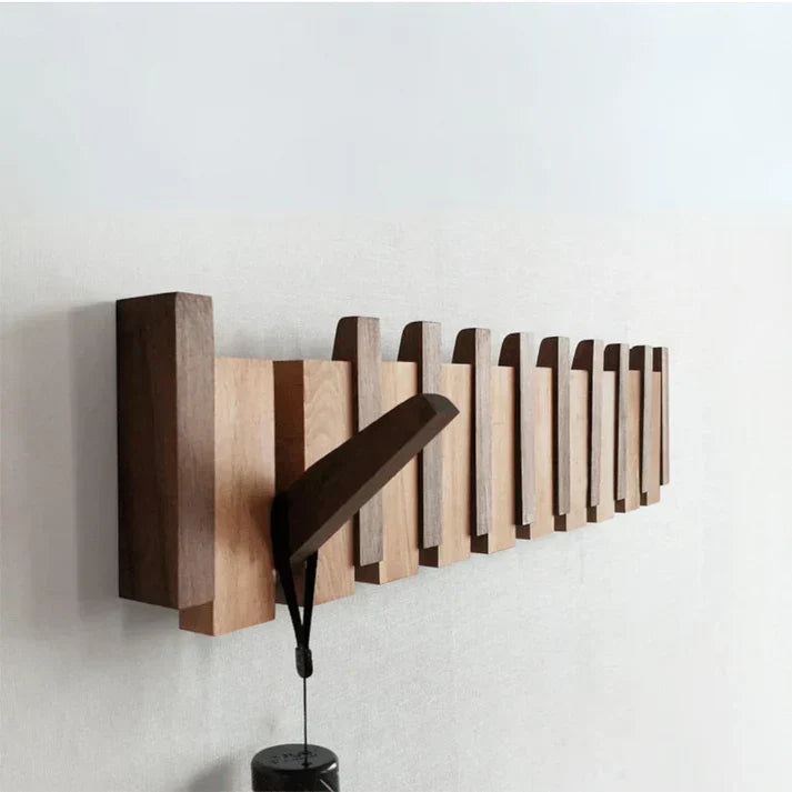 Piano-Style Wooden Wall Hook Rack with Multiple Pegs Walnut and Beech Wood